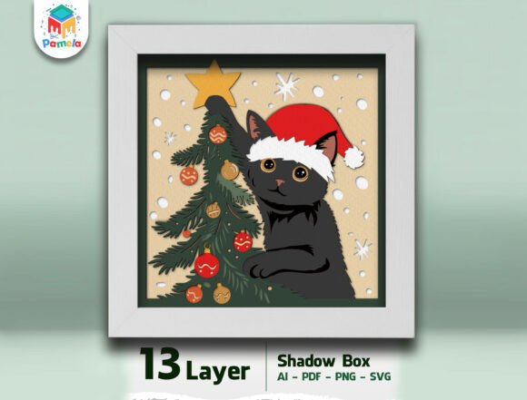 Black Cat Christmas Shadow Box β Festive 3D SVG for Seasonal Branding